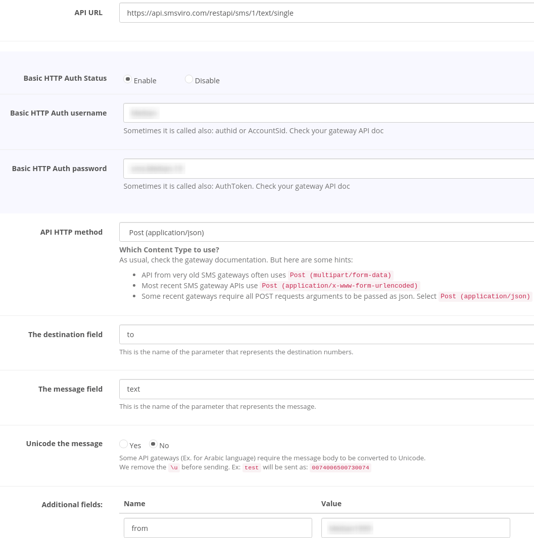 SMSVIRO SMS gateway setup with smshare - Gateway configuration example