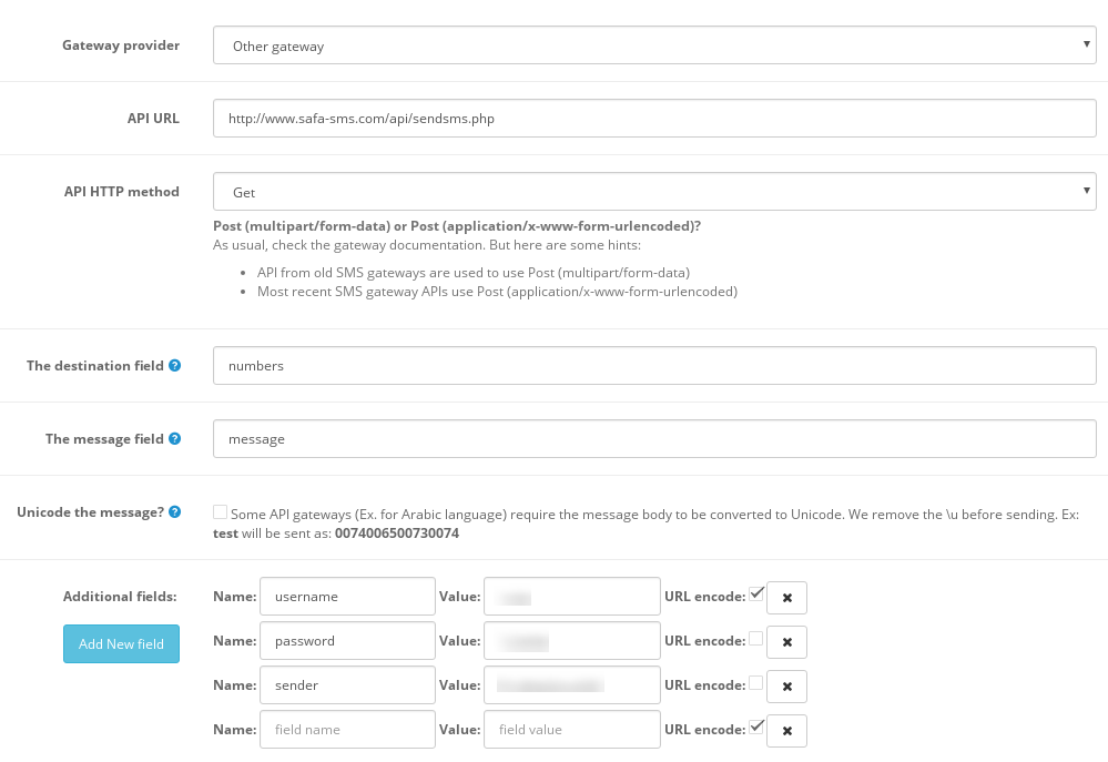 safa-sms Gateway configuration example
